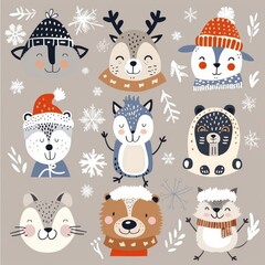Cute animal Christmas set illustration. festive winter Christmas funny animal characters. Winter-themed featuring cute animal faces perfect for festive and holiday designs, gift wrapping