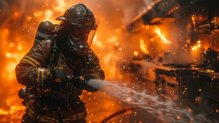 Fototapeta premium Brave Firefighter Battling Intense Flames in a Fiery Industrial Environment with Protective Gear and Water Hose, Dangerous Heroic Emergency Response Actionfirefighter
