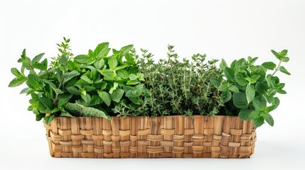 Naklejka premium Fresh spicy herbs arranged in a wooden basket Aromatic plants displayed in a still life composition featuring mint oregano and thyme set against a white background