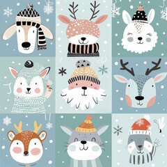 Cute animal Christmas set illustration. festive winter Christmas funny animal characters. Winter-themed featuring cute animal faces perfect for festive and holiday designs, gift wrapping