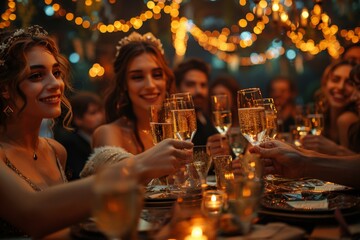 Elegant Celebration with Friends Toasting Champagne at a Festive Dinner Party with Twinkling Lights and Happy Smiles All AroundCelebration