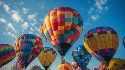 Naklejka premium Colorful Hot Air Balloons Floating in Blue Sky