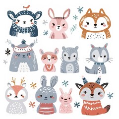 Cute animal Christmas set illustration. festive winter Christmas funny animal characters. Winter-themed featuring cute animal faces perfect for festive and holiday designs, gift wrapping