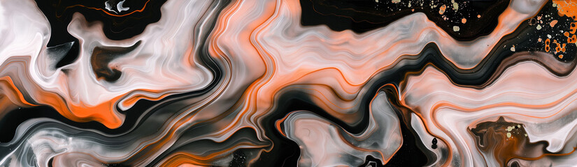 Abstract Orange and Black Fluid Art with Marble Swirling Patterns