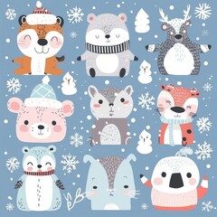 Cute animal Christmas set illustration. festive winter Christmas funny animal characters. Winter-themed featuring cute animal faces perfect for festive and holiday designs, gift wrapping