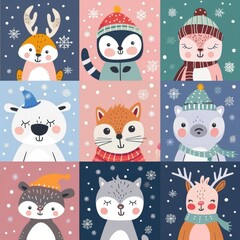 Cute animal Christmas set illustration. festive winter Christmas funny animal characters. Winter-themed featuring cute animal faces perfect for festive and holiday designs, gift wrapping