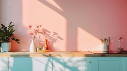 Minimalist kitchen with pink floral decor