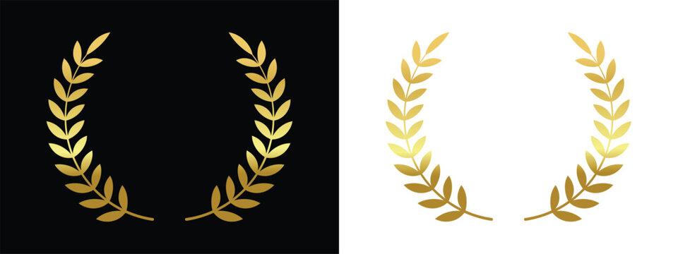 Golden laurel wreath. trophy, award, champion concept  badge, golden branch with leaves. vector illustration on black and transparent background.