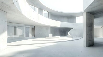 Minimalist Monochrome Abstract Interior Architecture Design Concept with Curved Walls and Concrete Floors in Empty Museum or Showroom Space