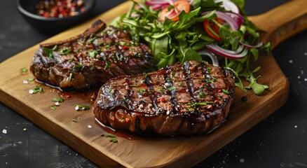 Grilled Steak and Salad on Wooden Cutting Board