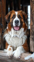 A Saint Bernard dog stands admiring the snowy mountain view, its gaze fixed on the distant peaks.