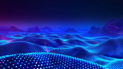 Retro futuristic technology landscape with neon 80s digital city and blue vector mountain background - ideal for music, tech themes, and vintage synthwave art