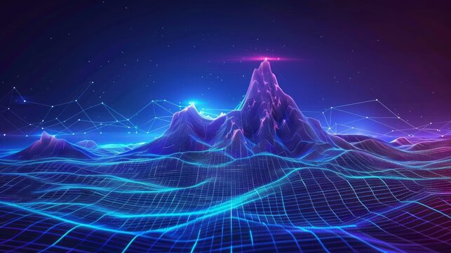 Retro futuristic technology landscape with neon 80s digital city and blue vector mountain background - ideal for music, tech themes, and vintage synthwave art - Powered by Adobe