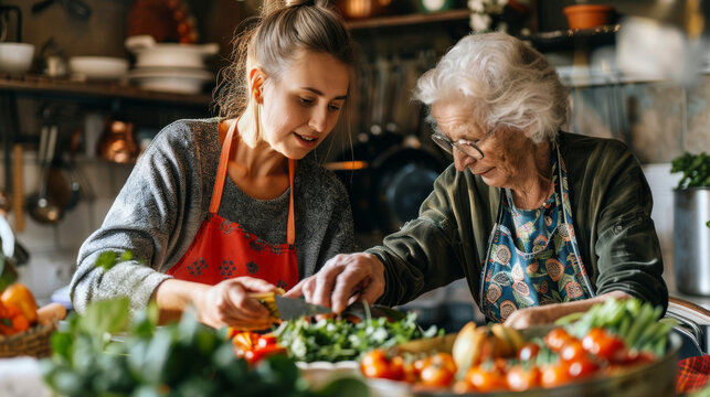 Family Cooking Session: Grandmother and Granddaughter Preparing Meal in Kitchen. Generative ai
