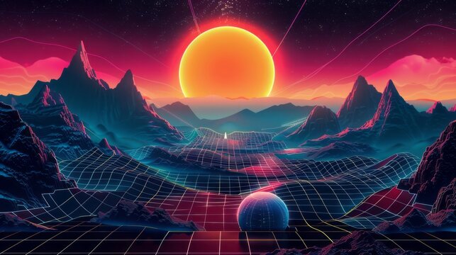 Retro neon synthwave arcade game background with techno mountain landscape, bright sun, and futuristic digital pattern - dark poster for retro wave future space wallpaper, vector illustration - Powered by Adobe