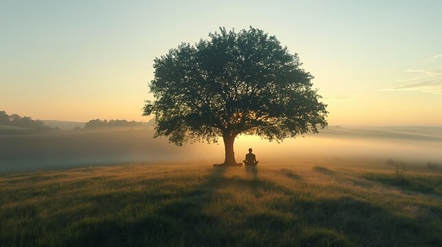 Solitary Figure Meditating Under Tree at Sunrise in Misty Field