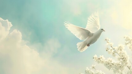 Space sky funeral background with white dove in flight, serene and peaceful atmosphere, soft celestial colors, ethereal memorial scene, ideal for sympathy cards, condolence messages, and spiritual ref