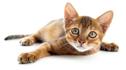 Obraz premium A playful kitten lies sprawled out on a white background, gazing playfully ahead with bright eyes, capturing the essence of youthful energy and carefree joy.