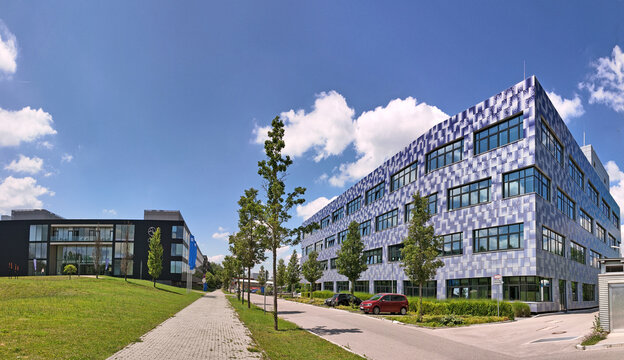 Garching, Germany - panoramic street view of the buildings and architecture of the TUM ( Technical University of Munich)  campus and research center