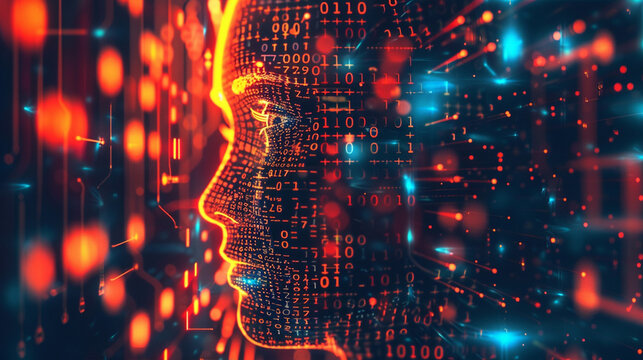 Digital human face morphing into binary code, set against a circuit board background, showing the fusion of humanity and technology