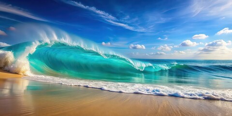 Soft blue ocean wave gently rolling onto a fine sandy beach , ocean, wave, beach, blue, soft, gentle, serene, tranquil