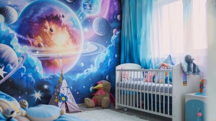Creative and bright eco-friendly children's room with space theme - fantasy wallpaper featuring planets, stars, and rockets on the wall of a baby room, perfect for inspiring imagination and adventure