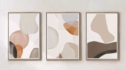 A set of three abstract art posters with minimalistic designs, positioned side by side on a white wall. Each poster features abstract forms in neutral colors, with a focus on negative space and clean