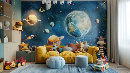 Creative and bright eco-friendly children's room with space theme - fantasy wallpaper featuring planets, stars, and rockets on the wall of a baby room, perfect for inspiring imagination and adventure
