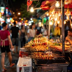 Thai food cart, bustling crowd, skewers on grill, vibrant night market, exotic street food, colorful lights, lively scene, traditional Thai flavors. copy space for text,