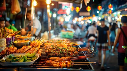 Thai street food cart, grilling skewers, bustling crowd, vibrant night market, smoky flavors, traditional Thai cuisine, colorful lights, lively atmosphere. copy space for text,