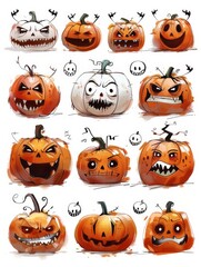 Halloween emoticons round angry cheerful pumpkins. Cute set illustration. festive funny pumpkin emotions on Halloween characters