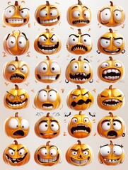 Halloween emoticons round angry cheerful pumpkins. Cute set illustration. festive funny pumpkin emotions on Halloween characters