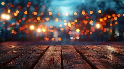 Empty wooden table illuminated by neon bokeh lights on a night view, creating an ethereal atmosphere with blurred background bokeh effects,generative ai