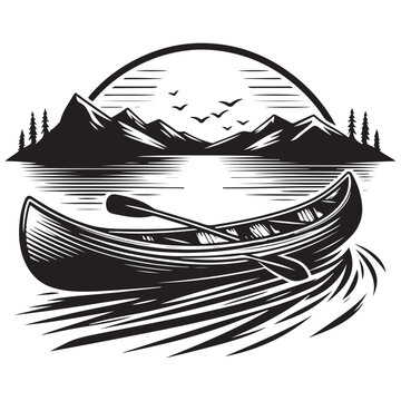black canoe on lake with mountains clip art preview