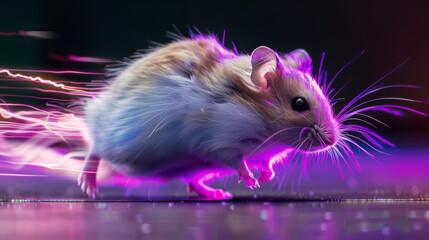 Digital illustration of a hamster in motion with neon lights on a dark background. Futuristic and dynamic concept for design cryptocurrency.