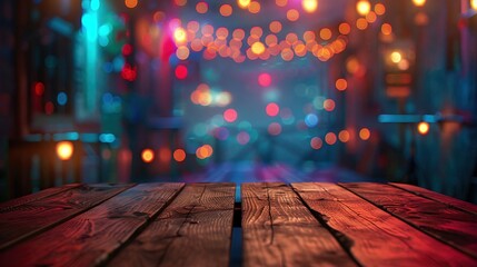 Empty wooden table illuminated by neon bokeh lights on a night view, creating an ethereal atmosphere with blurred background bokeh effects,generative ai