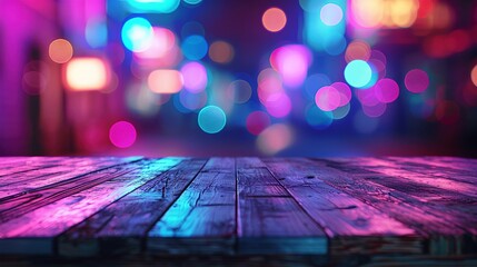 Empty wooden table illuminated by neon bokeh lights on a night view, creating an ethereal atmosphere with blurred background bokeh effects,generative ai