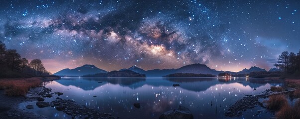 A starlit sky reflected in a still lake, the Milky Way stretching across the heavens, creating a sense of awe and wonder.