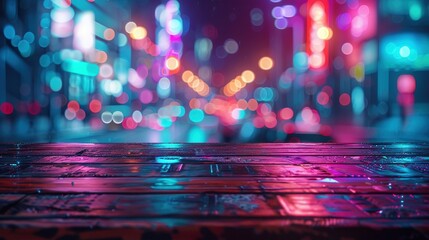 Empty wooden table illuminated by neon bokeh lights on a night view, creating an ethereal atmosphere with blurred background bokeh effects,generative ai