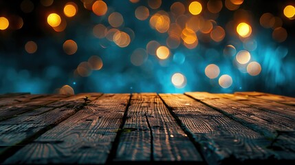 Empty wooden table illuminated by neon bokeh lights on a night view, creating an ethereal atmosphere with blurred background bokeh effects,generative ai