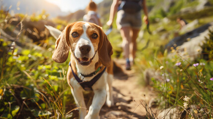 Beagle climbing mountain trail, ears flapping, family hiking together, happy and relaxing mood, ultra-resolution realism, detailed background, bright and colorful