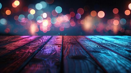 Empty wooden table illuminated by neon bokeh lights on a night view, creating an ethereal atmosphere with blurred background bokeh effects,generative ai