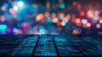 Empty wooden table illuminated by neon bokeh lights on a night view, creating an ethereal atmosphere with blurred background bokeh effects,generative ai