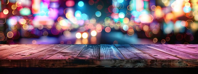 Empty wooden table illuminated by neon bokeh lights on a night view, creating an ethereal atmosphere with blurred background bokeh effects,generative ai