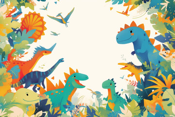 Obraz premium Cute card template and frame with colorful dinosaurs, dino background, post card, birthday card room decoration, notebook notepads page with copy space and space for greetings