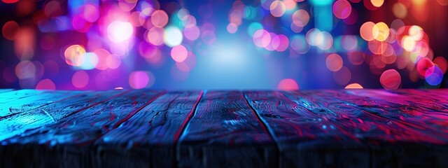 Empty wooden table illuminated by neon bokeh lights on a night view, creating an ethereal atmosphere with blurred background bokeh effects,generative ai