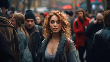 Obraz premium Beautiful sexy woman in a jacket standing in a middle of the crowd looking at the camera