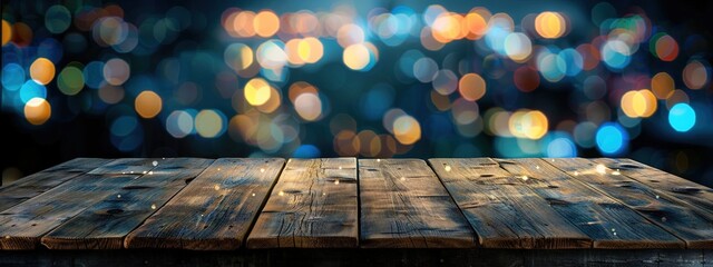 Empty wooden table illuminated by neon bokeh lights on a night view, creating an ethereal atmosphere with blurred background bokeh effects,generative ai