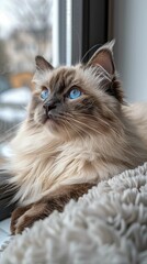 Fototapeta premium Blue-eyed Fluffy Cat Contemplating by Window