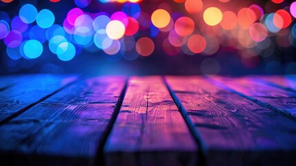Empty wooden table illuminated by neon bokeh lights on a night view, creating an ethereal atmosphere with blurred background bokeh effects,generative ai